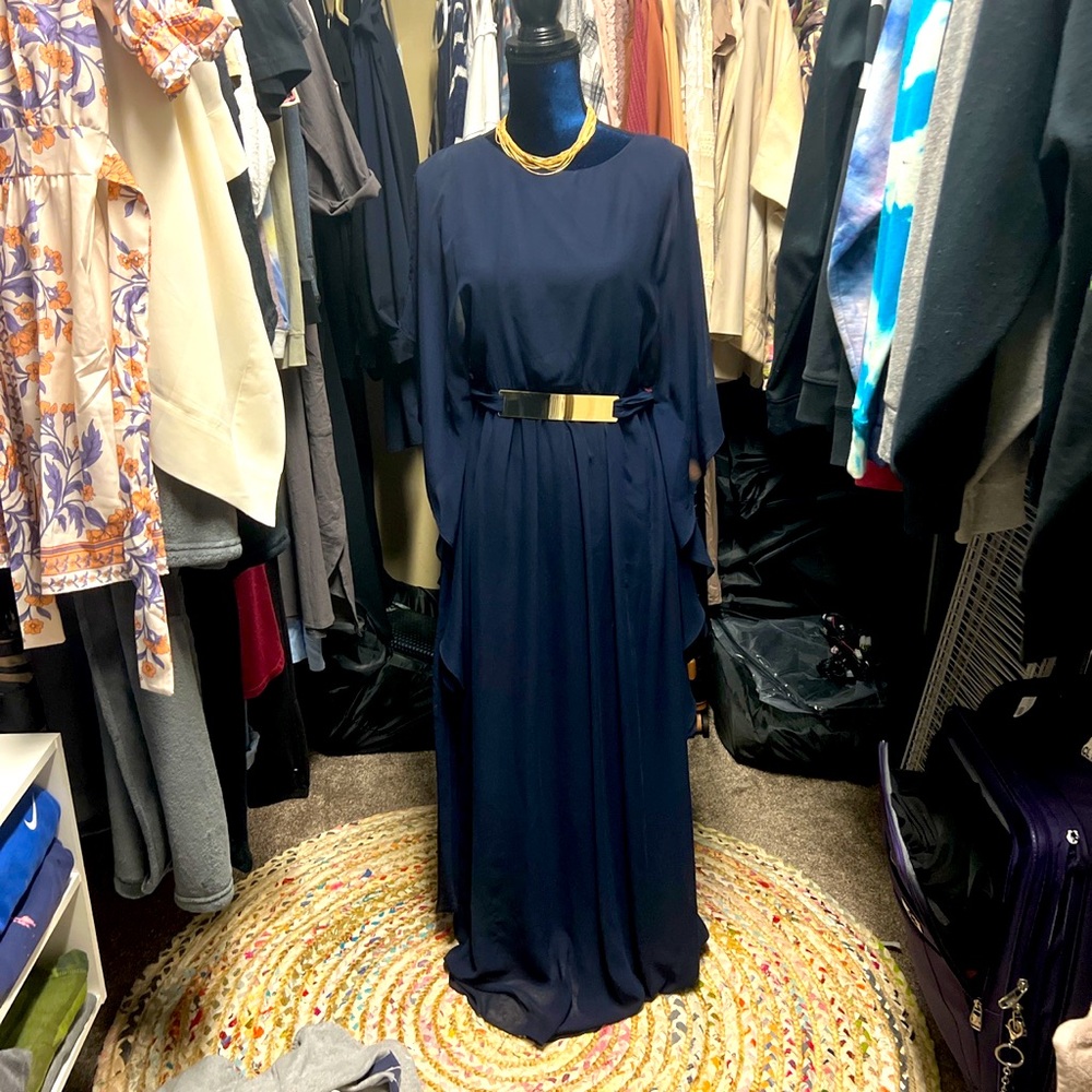 Woman’s Elegant Navy Blue size Small Long dress with flower sheer sleeves.